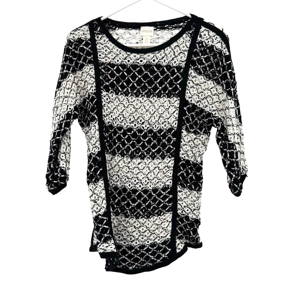 Chico's Size 0 Small Open Knit Pullover Sweater Black White Striped Cotton Blend